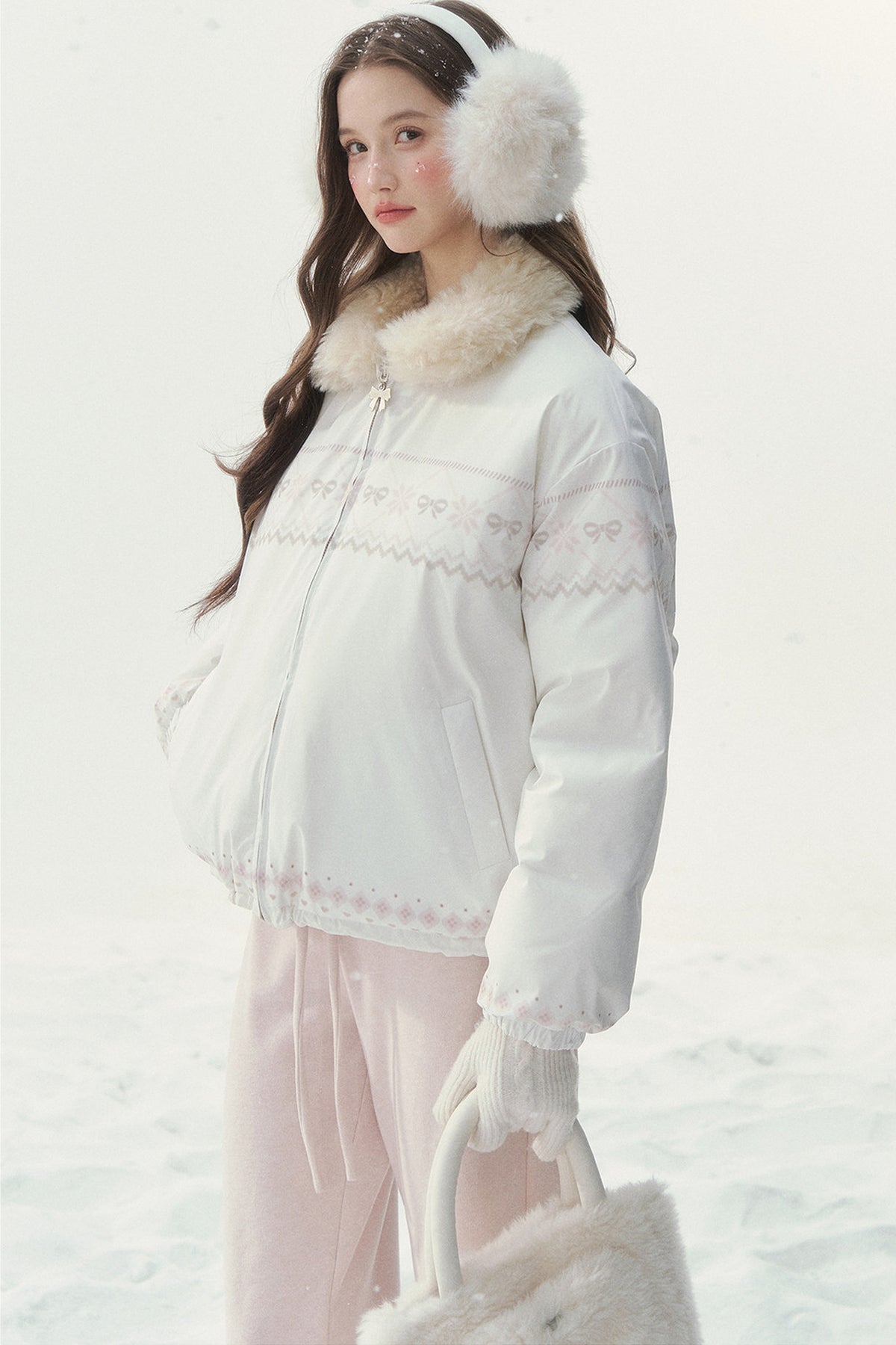 Chaqueta de plumón reversible rosa con motivo Fair Isle