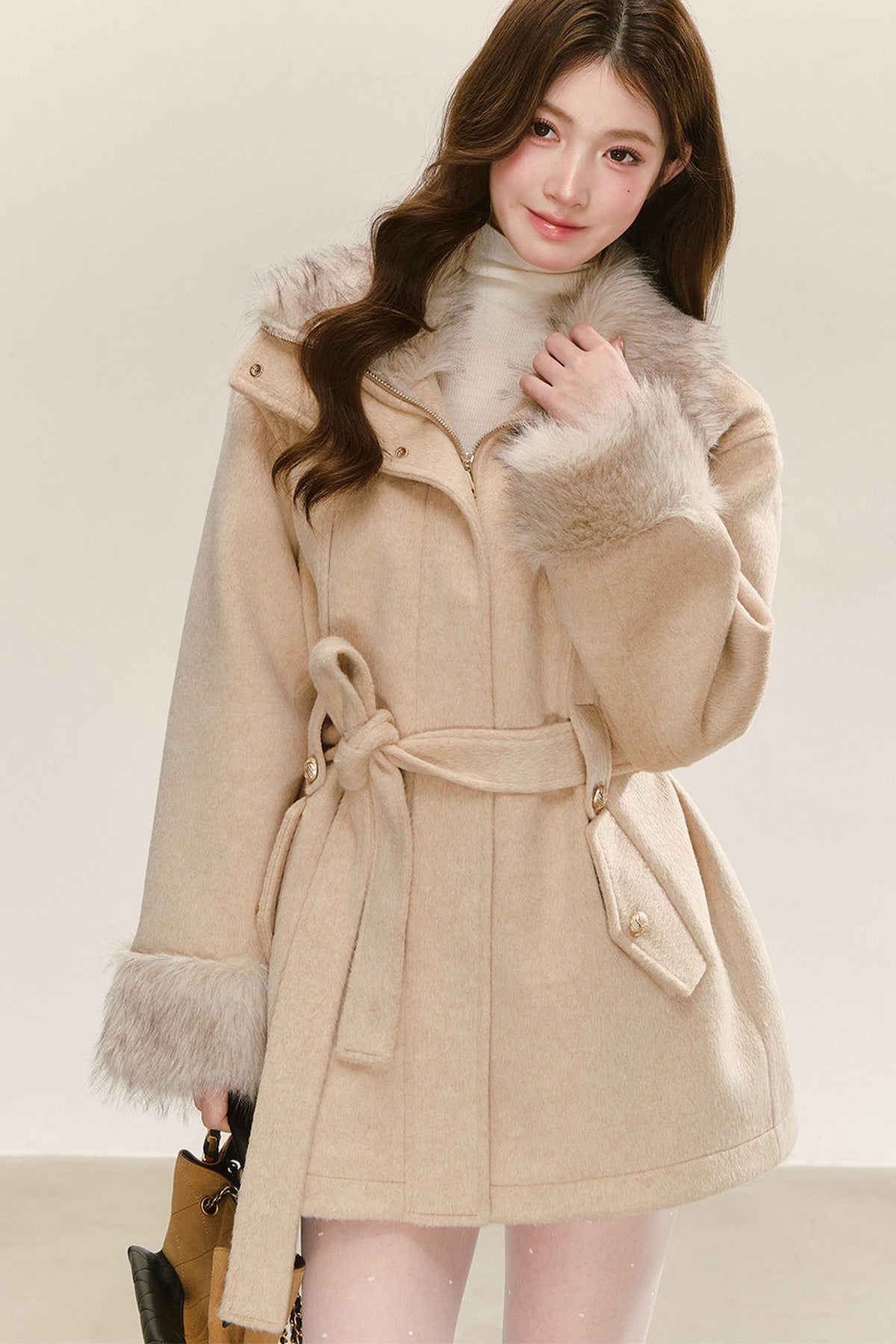 Quilted Faux Fur Collar Lace-Up Woolen Jacket