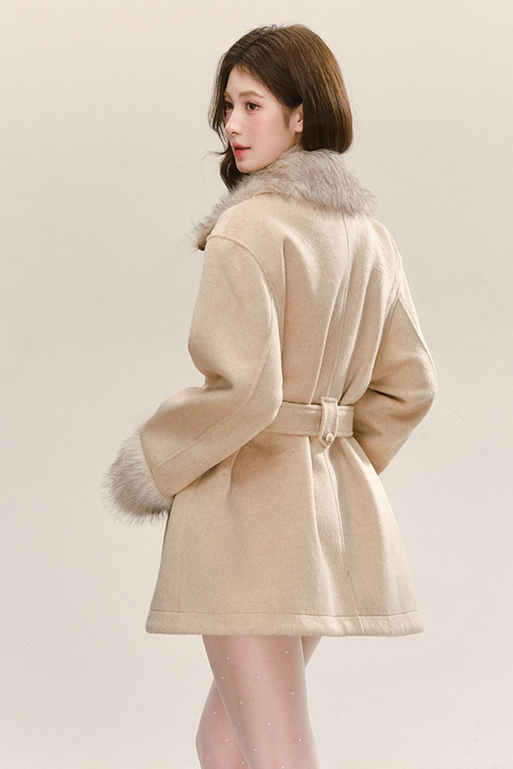 Quilted Faux Fur Collar Lace-Up Woolen Jacket