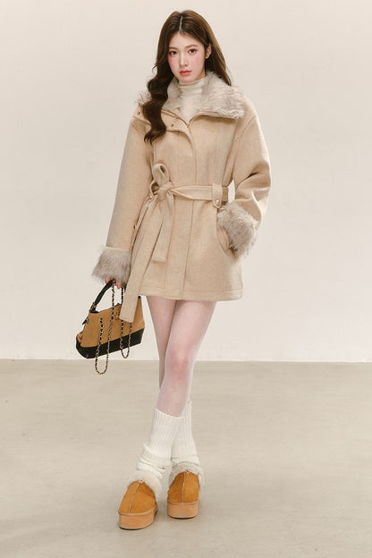 Quilted Faux Fur Collar Lace-Up Woolen Jacket