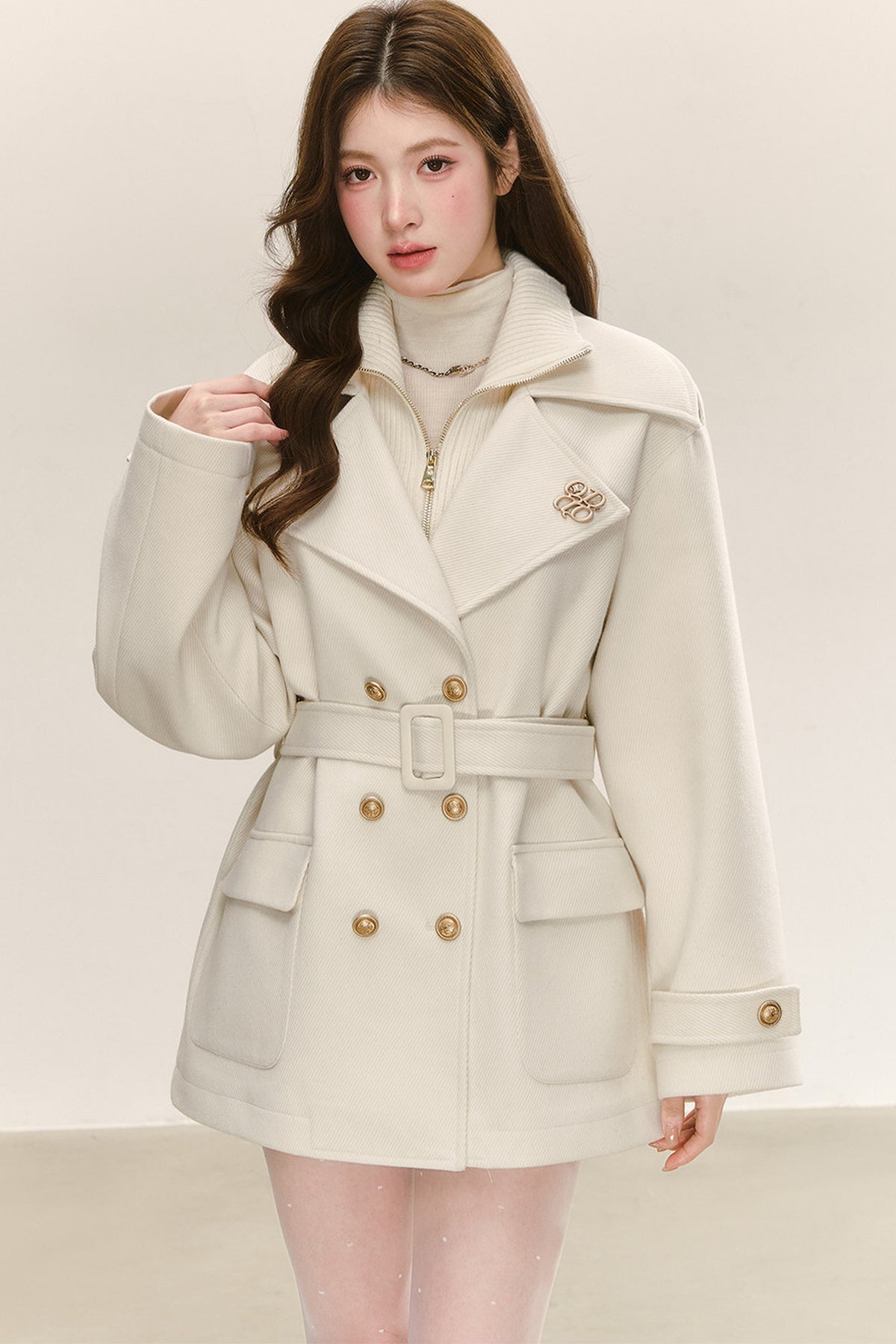 Double-Layer Lapel Tie-Waist Cotton Coat