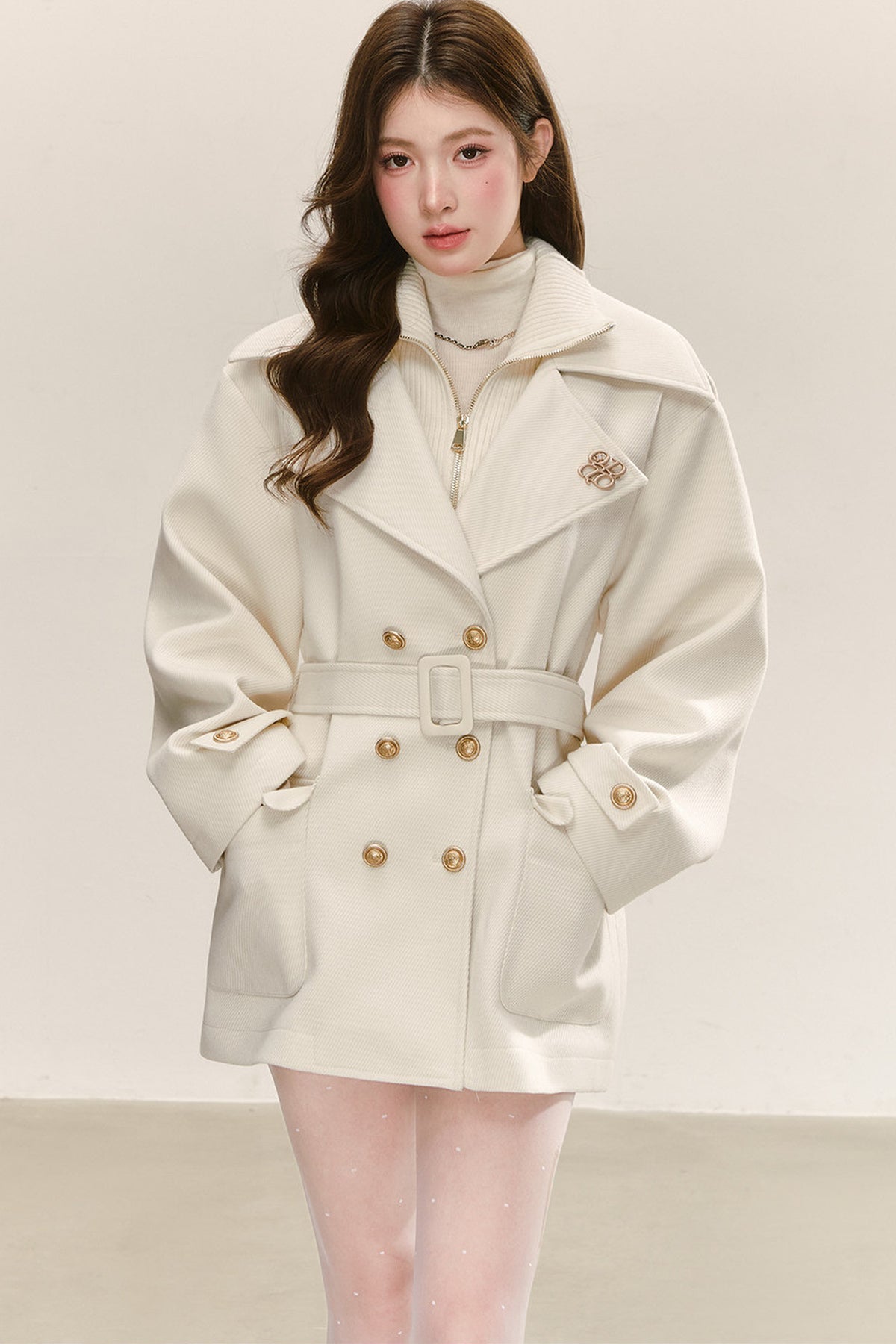 Double-Layer Lapel Tie-Waist Cotton Coat