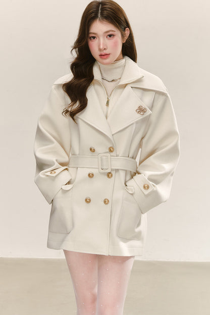 Double-Layer Lapel Tie-Waist Cotton Coat