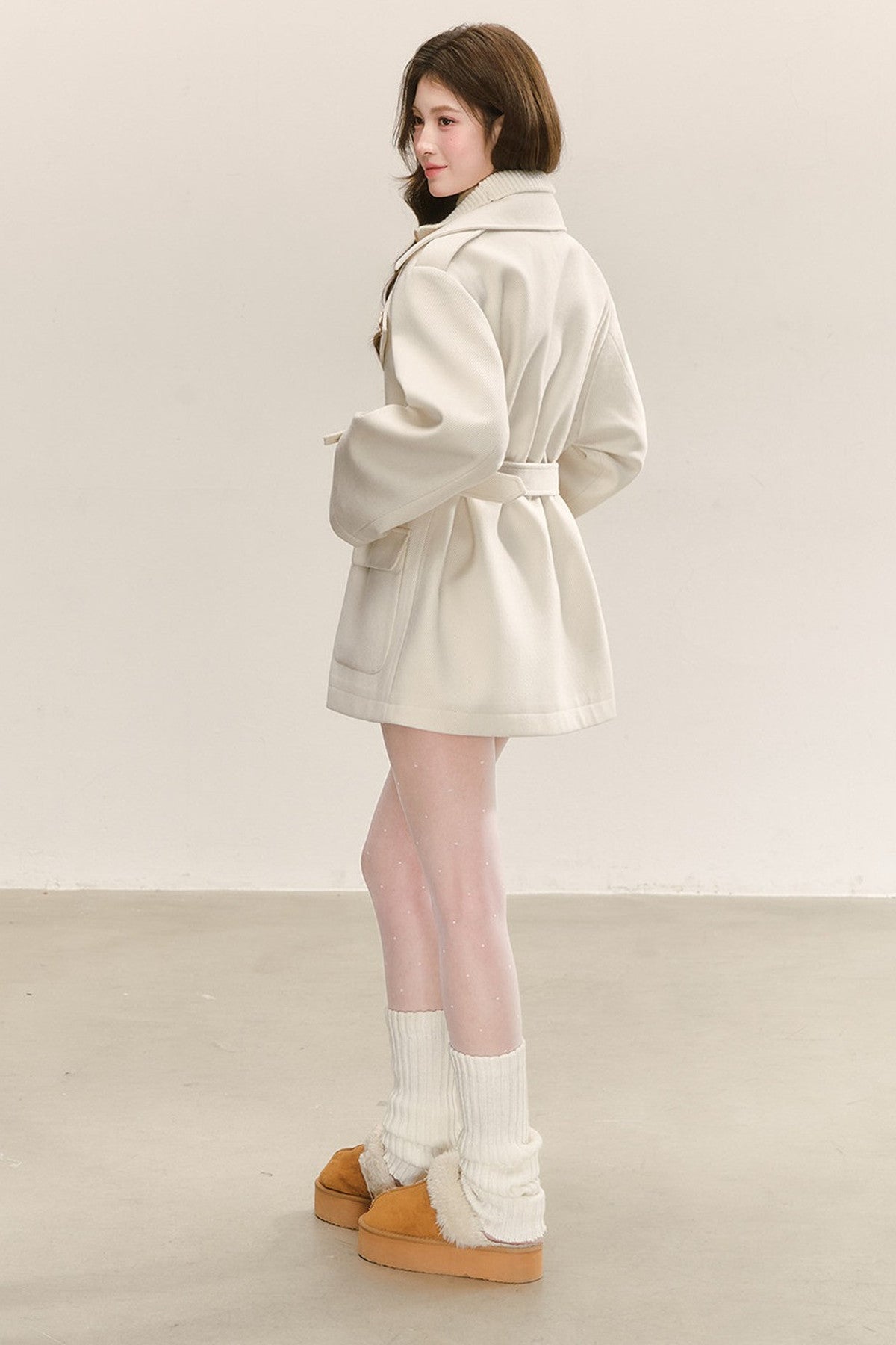 Double-Layer Lapel Tie-Waist Cotton Coat