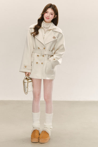 Double-Layer Lapel Tie-Waist Cotton Coat