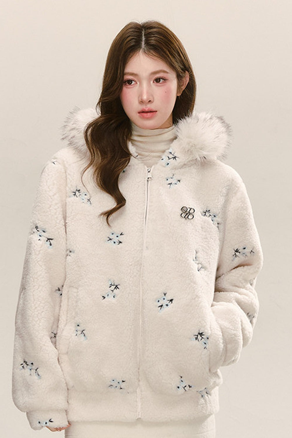 Hooded Embroidered Plush Fur Collar Jacket