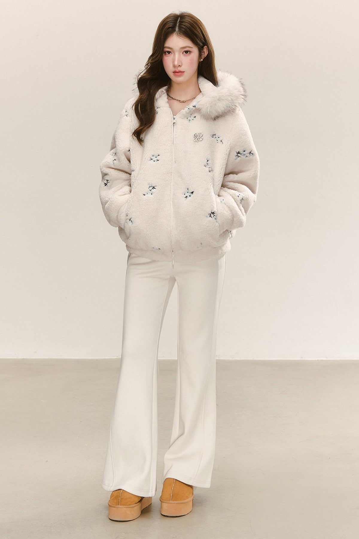 Hooded Embroidered Plush Fur Collar Jacket