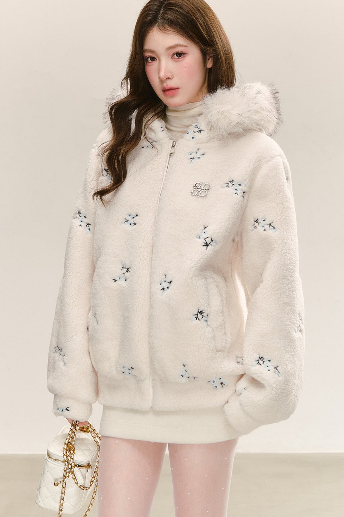 Hooded Embroidered Plush Fur Collar Jacket
