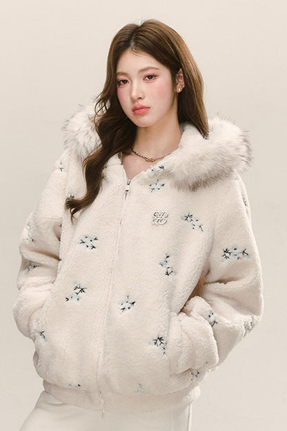 Hooded Embroidered Plush Fur Collar Jacket