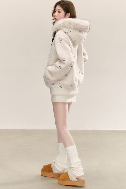 Hooded Embroidered Plush Fur Collar Jacket
