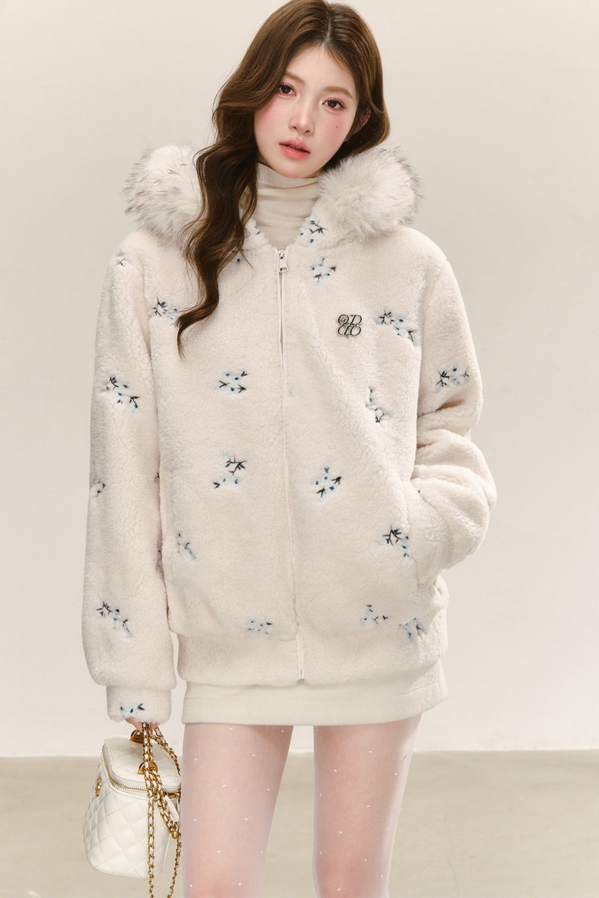 Hooded Embroidered Plush Fur Collar Jacket
