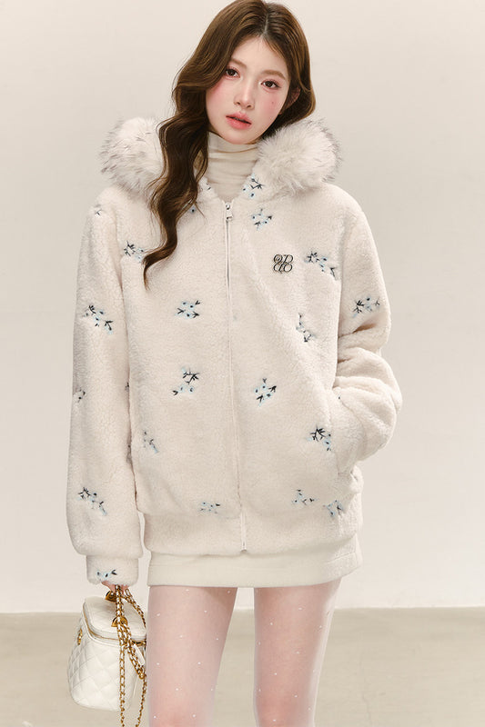 Hooded Embroidered Plush Fur Collar Jacket