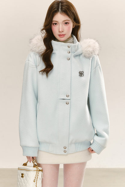 Blue Quilted Hooded Jacket