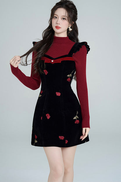 Rose Velvet Strap Dress Set-Up