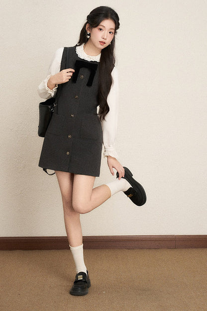 Ruffled Blouse and Vest Dress Set-Up