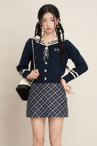 Bow Sailor Collar Knit Cardigan Set-Up