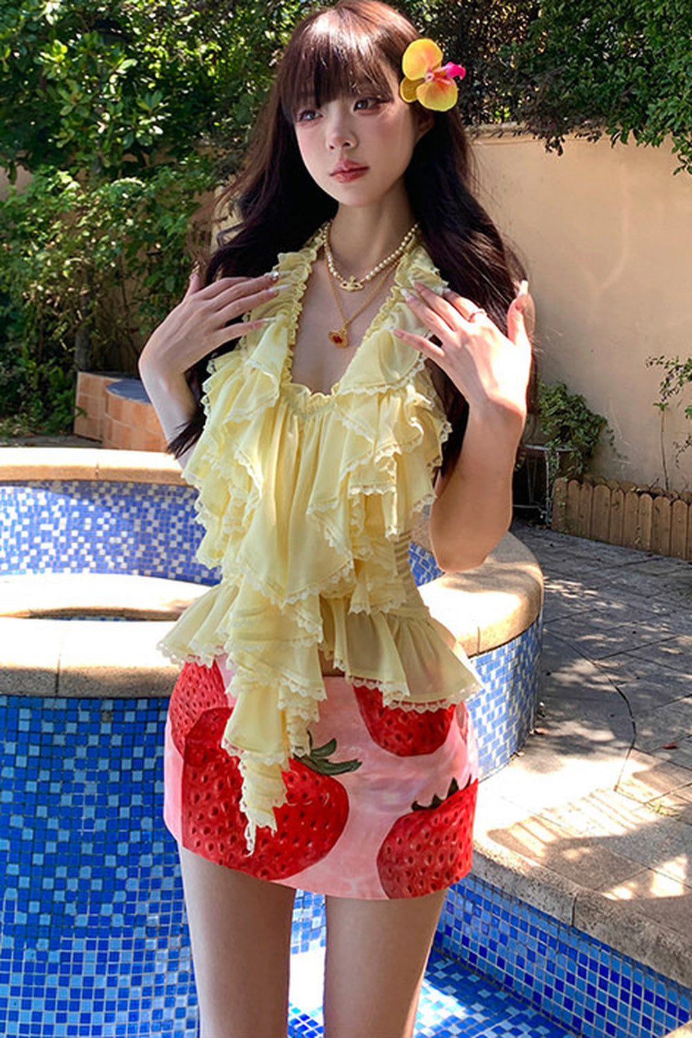 Yellow Ruffle Halter Top and Strawberry Skirt Set-Up