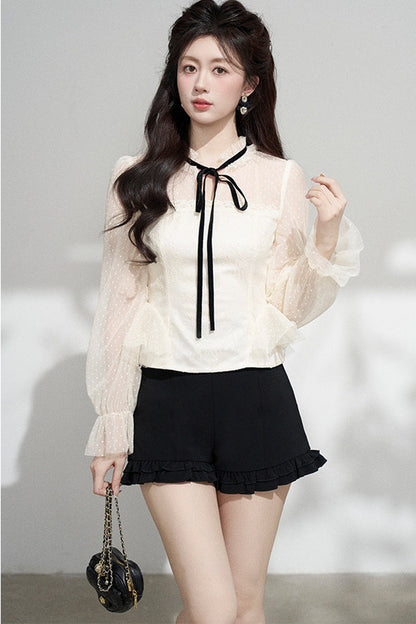 Apricot Mesh Ruffle Blouse