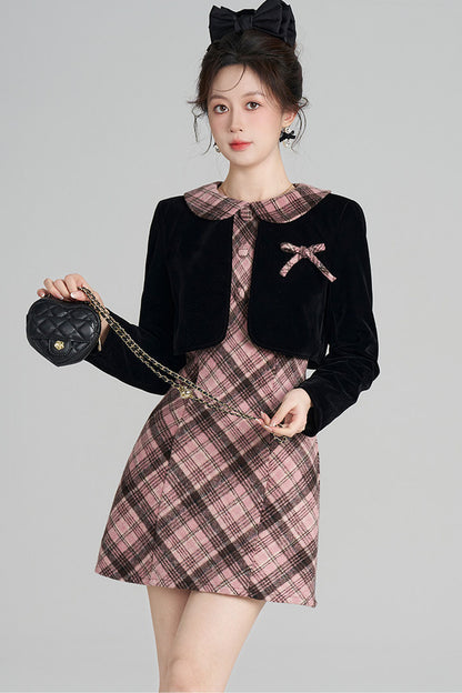Layered-Look A-Line Plaid Dress