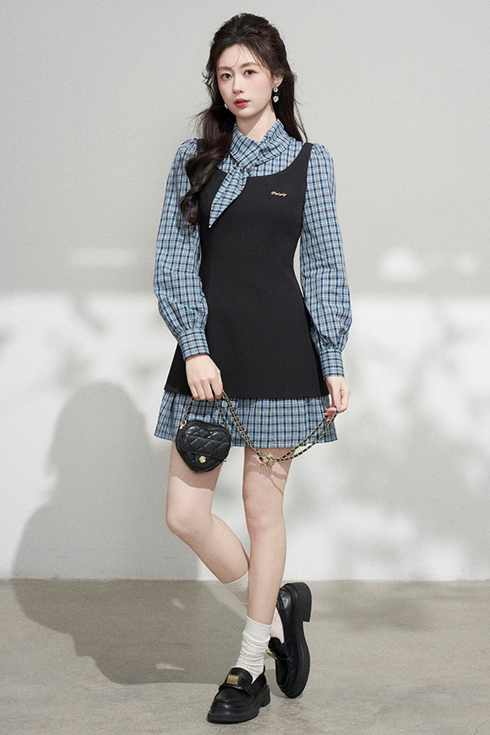 Blue Plaid Layered-Look Dress