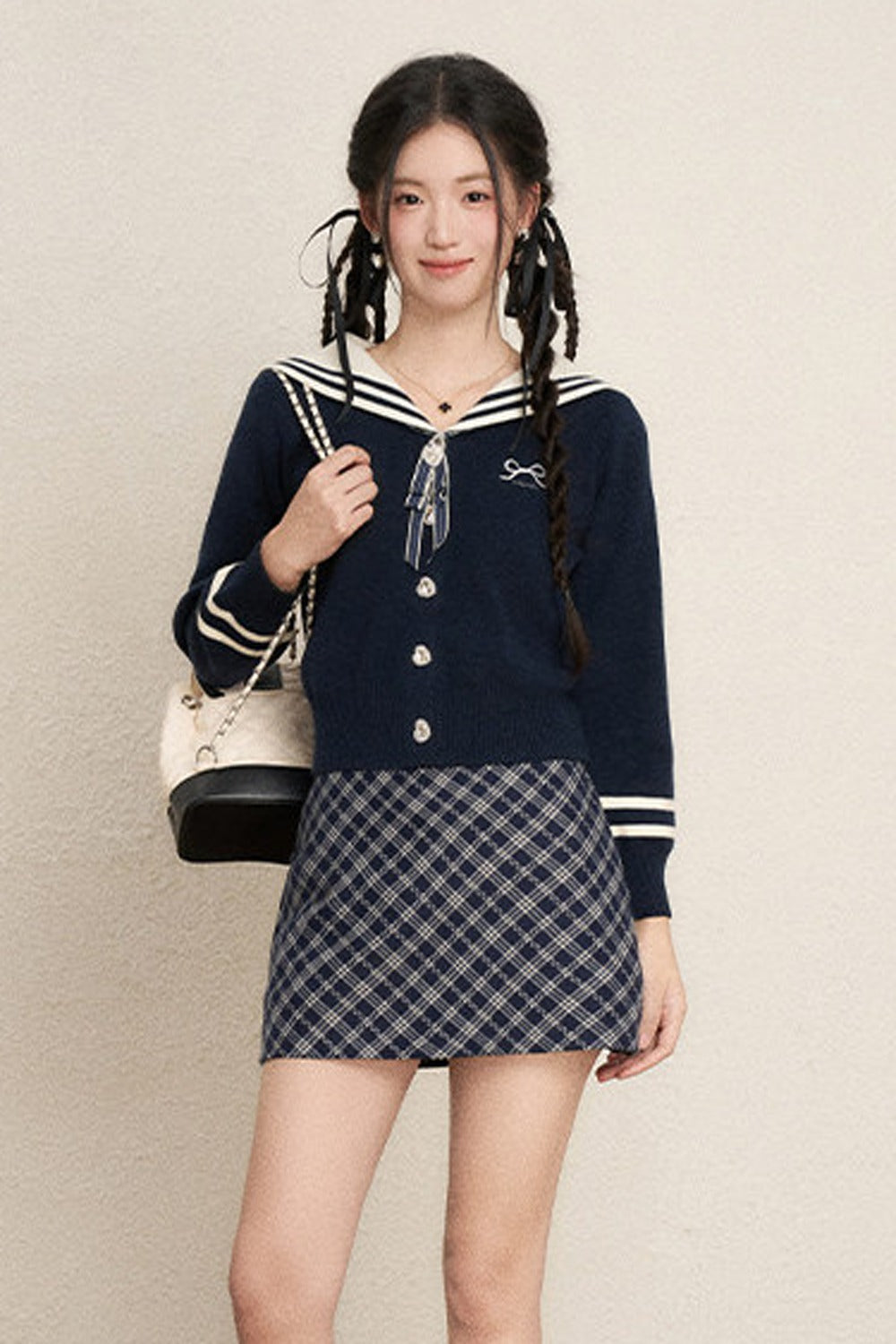 Bow Sailor Collar Knit Cardigan Set-Up