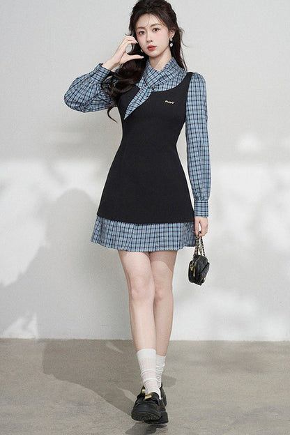 Blue Plaid Layered-Look Dress