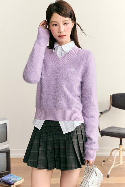 Imitation Mink Fur V-Neck Pullover Sweater