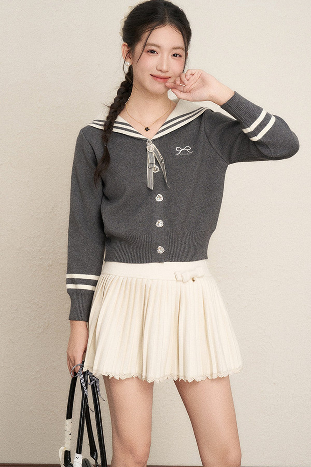 Bow Sailor Collar Knit Cardigan Set-Up