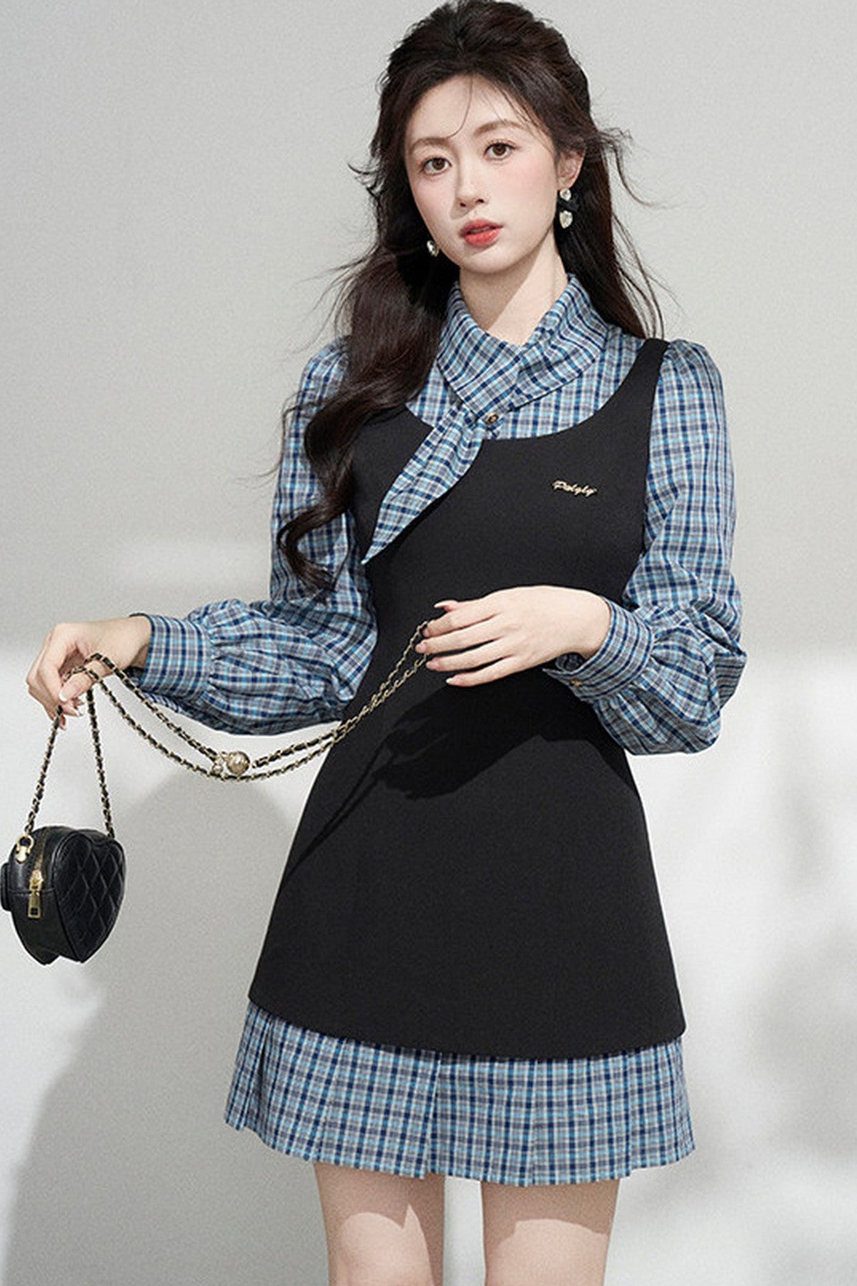Blue Plaid Layered-Look Dress