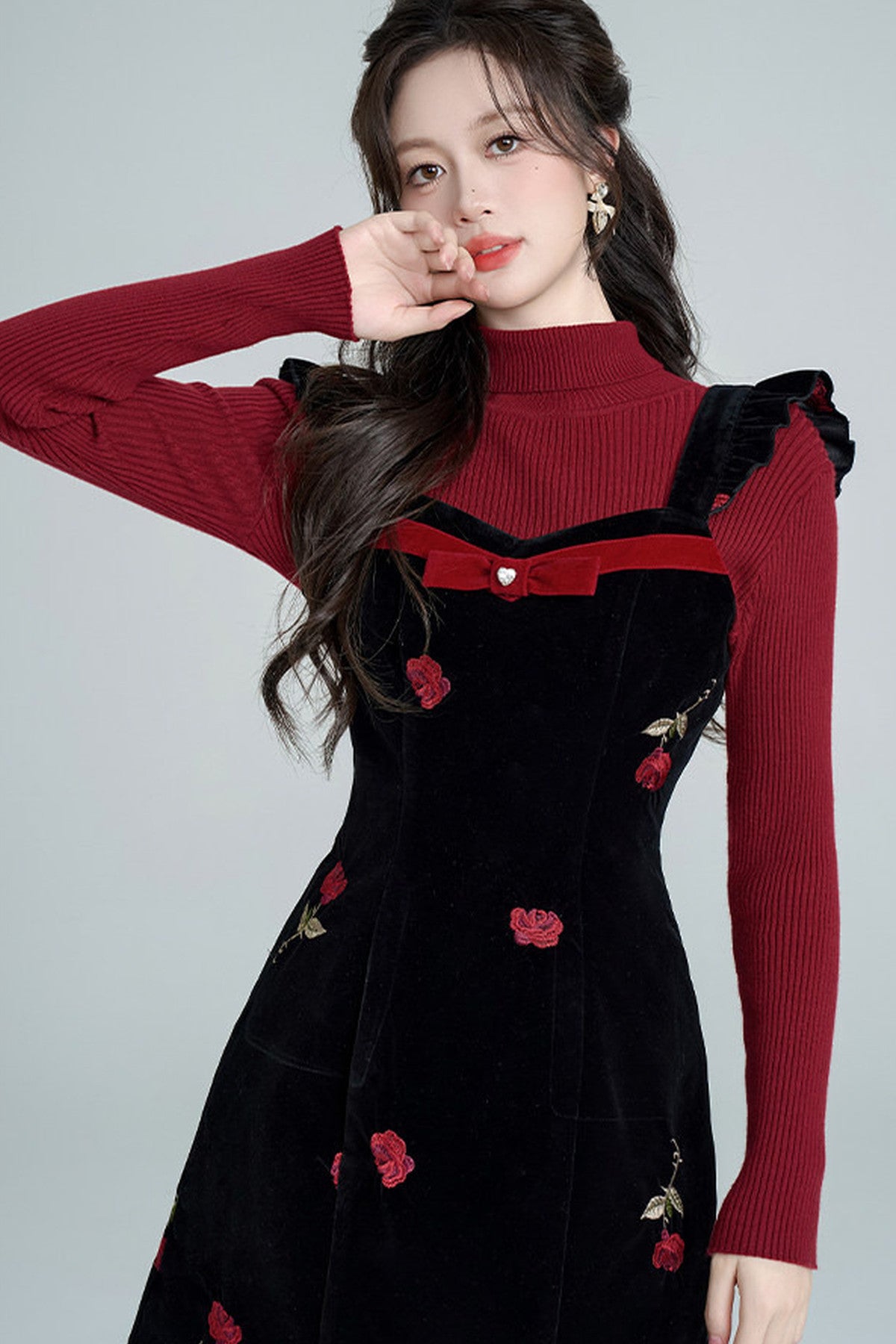 Rose Velvet Strap Dress Set-Up