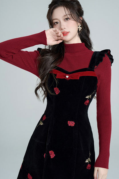Rose Velvet Strap Dress Set-Up