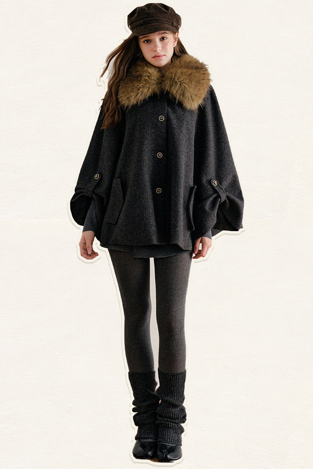 Detachable Large Fur Collar Woolen Cape