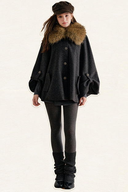 Detachable Large Fur Collar Woolen Cape