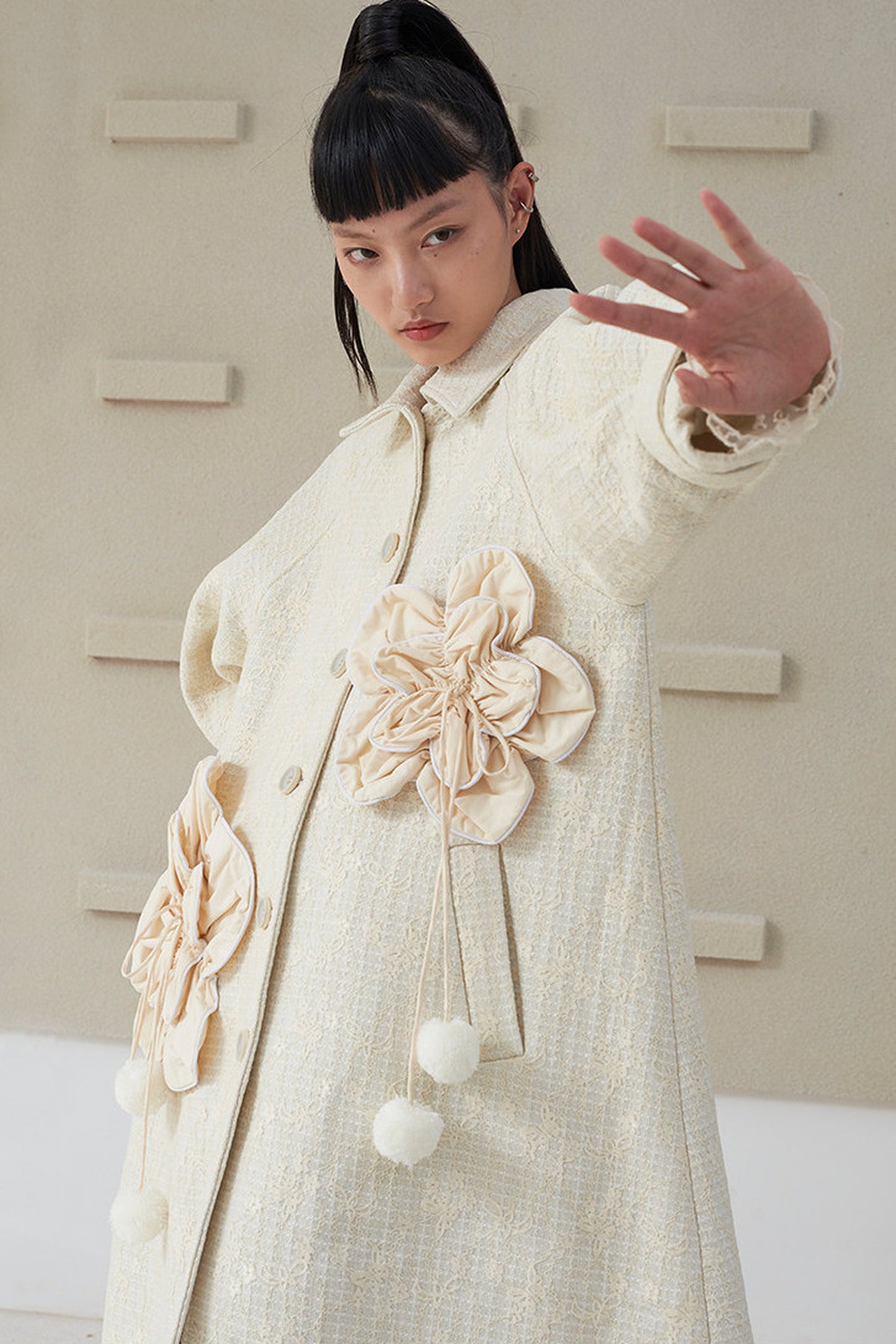Floral Pleated Wool Coat