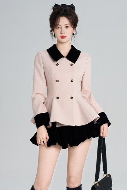 Pink Woolen Coat and Black Skirt Set-Up