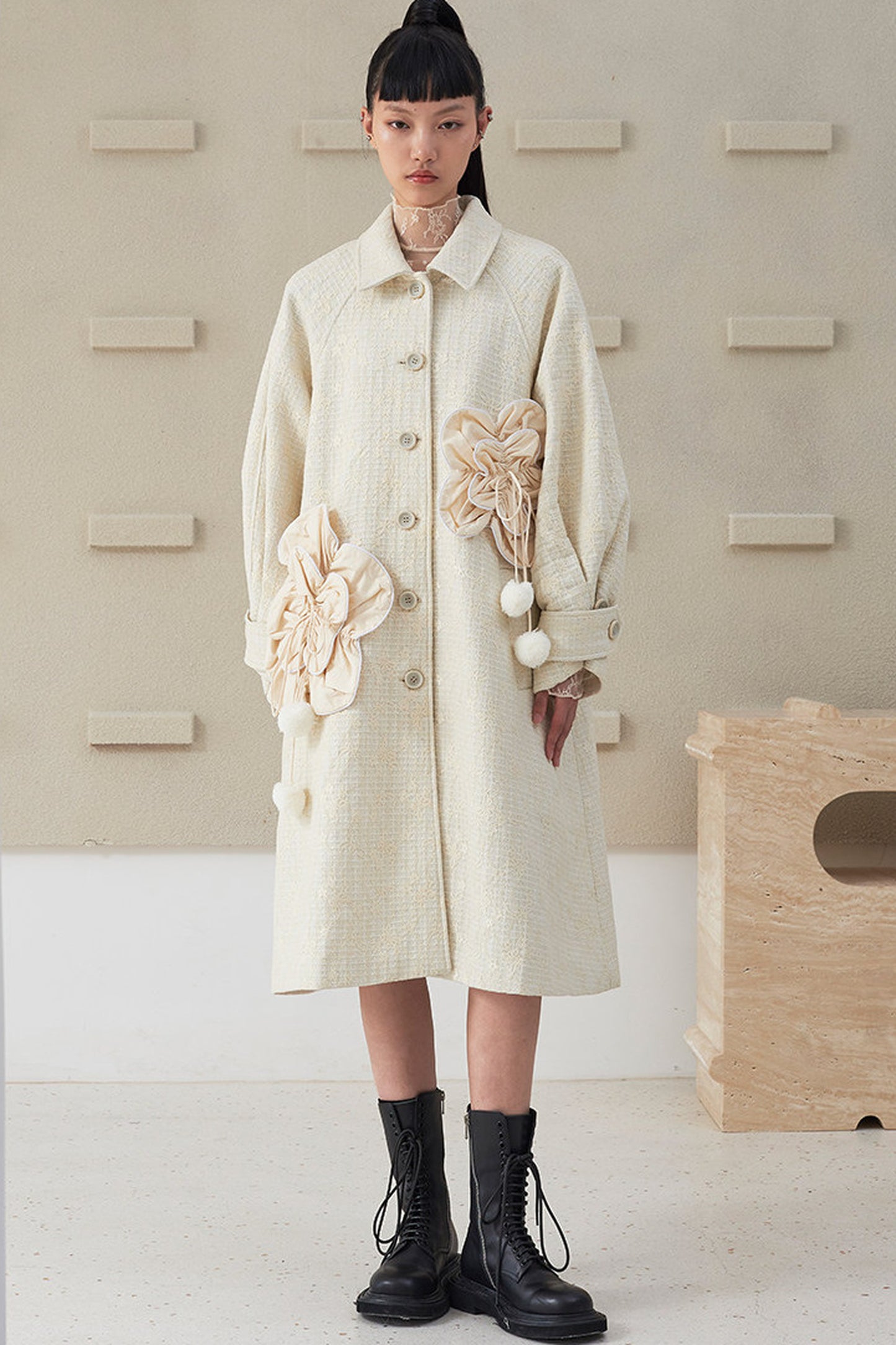 Floral Pleated Wool Coat
