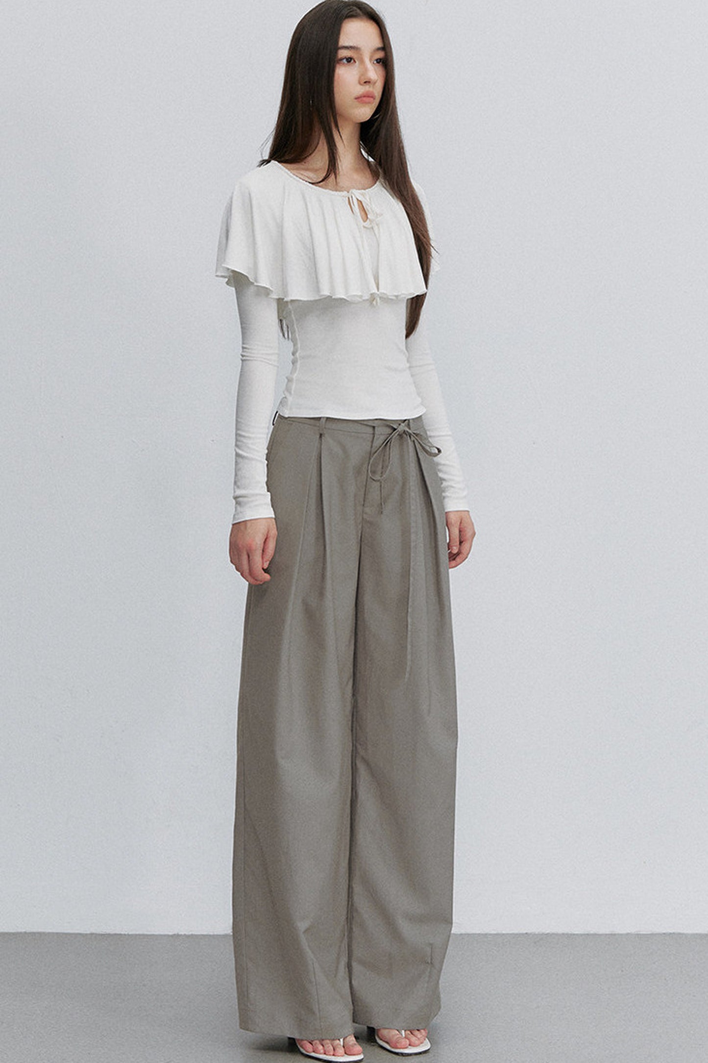 Tie-Front Ruffle Cape Long Sleeve Top