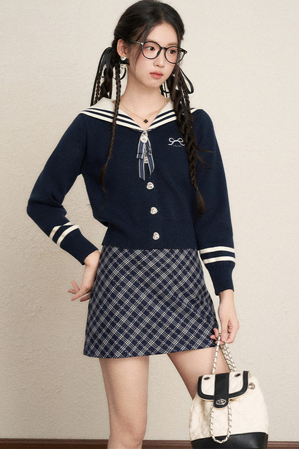 Bow Sailor Collar Knit Cardigan Set-Up