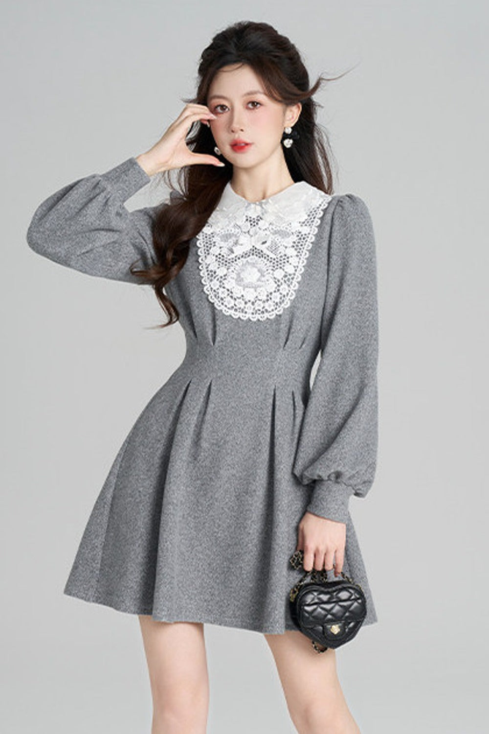 Lace Patchwork Puff Sleeve Dress