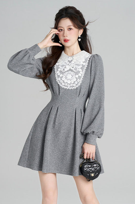 Lace Patchwork Puff Sleeve Dress