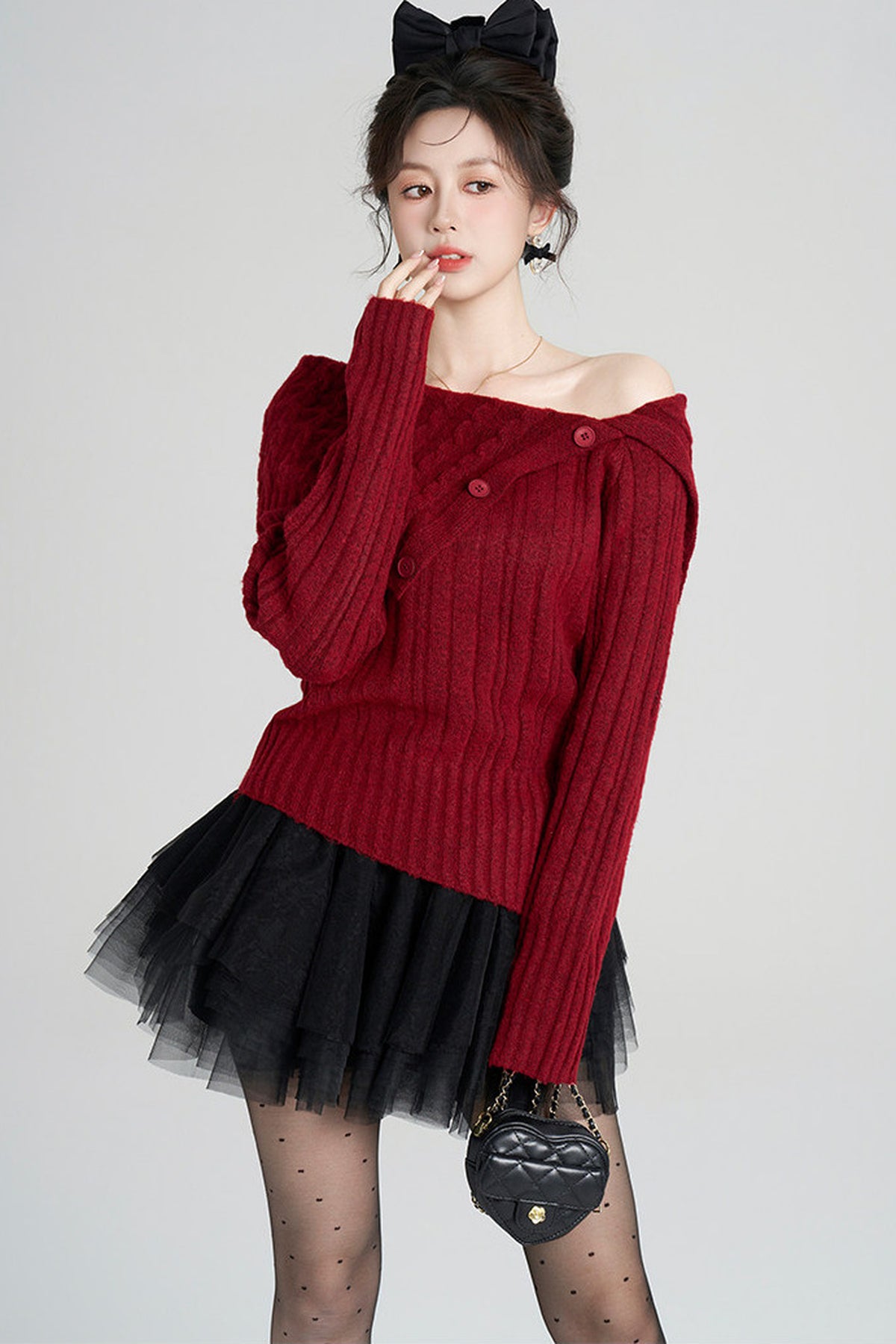 Off-Shoulder Knit Top and Skirt Set-Up