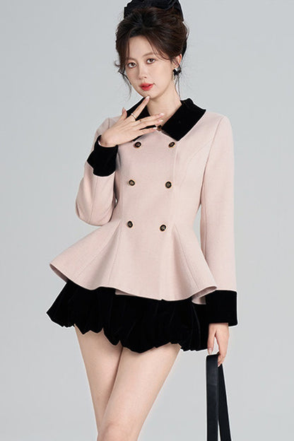 Pink Woolen Coat and Black Skirt Set-Up