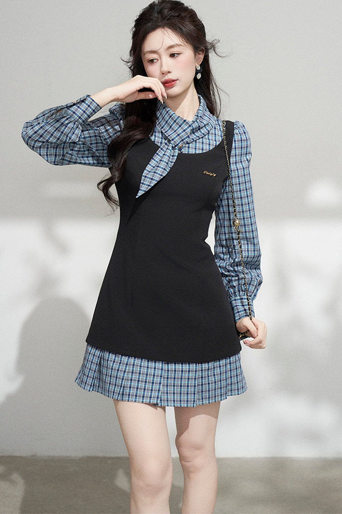 Blue Plaid Layered-Look Dress