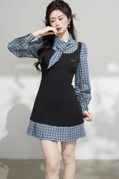 Blue Plaid Layered-Look Dress