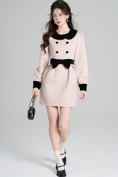 Pink Woolen Cinched Waist Dress