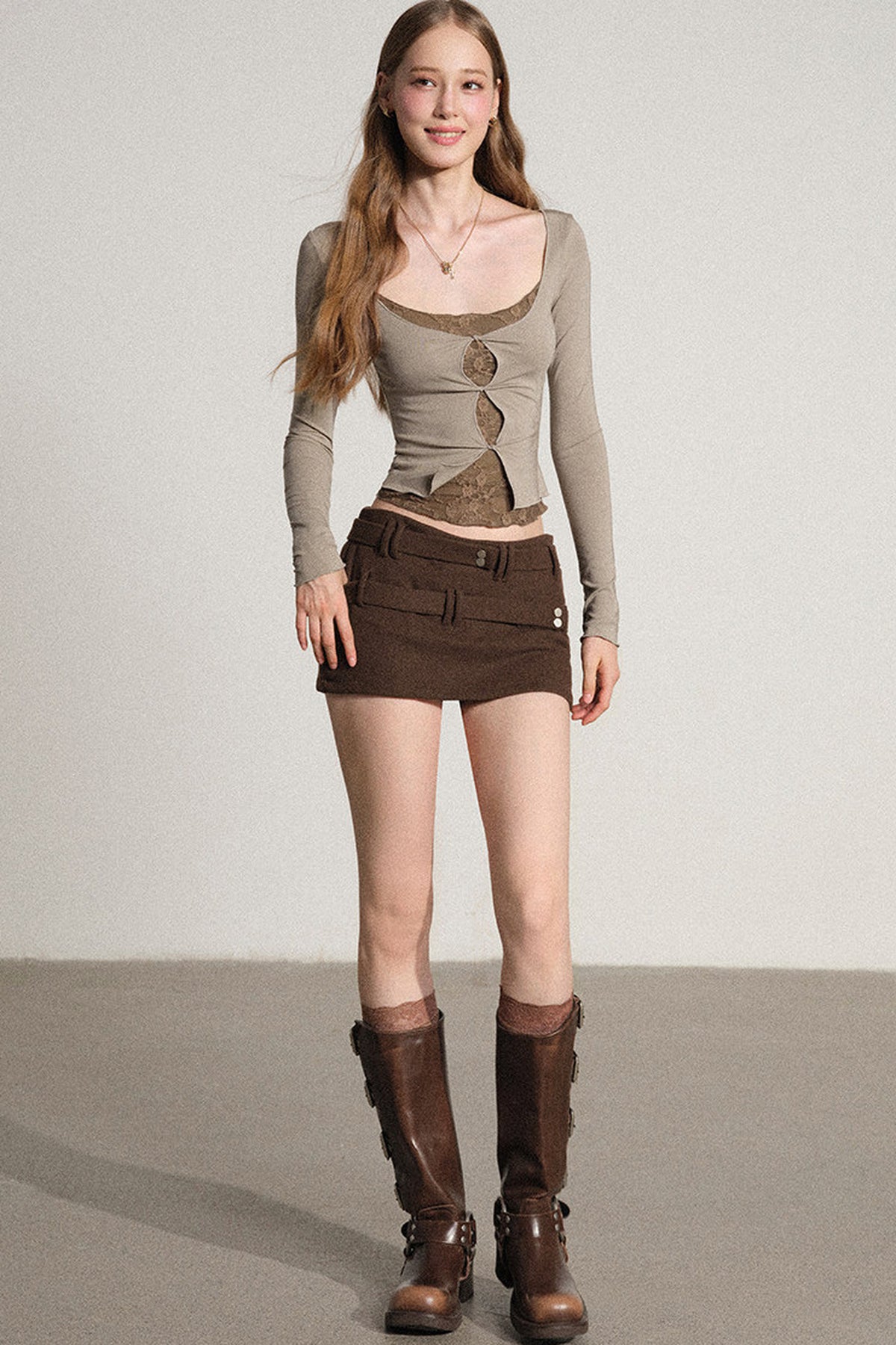 Layered-Look Hollow Out Long Sleeve Top