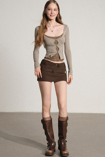 Layered-Look Hollow Out Long Sleeve Top