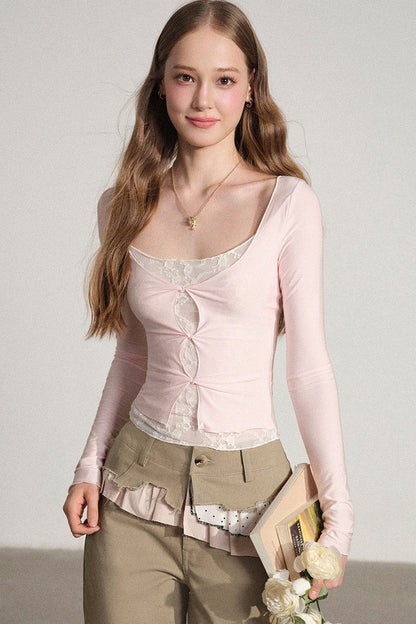 Layered-Look Hollow Out Long Sleeve Top