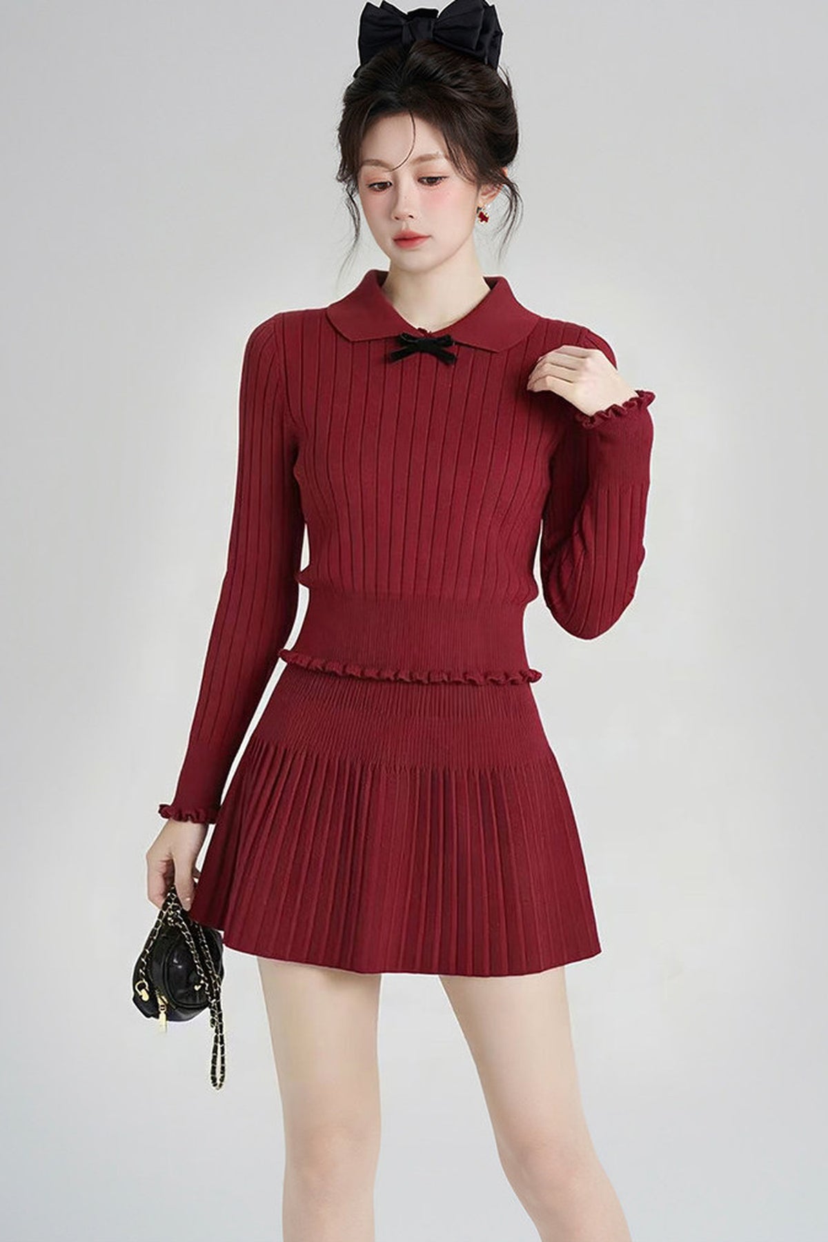 Red Knit Top and Pleated Skirt Set