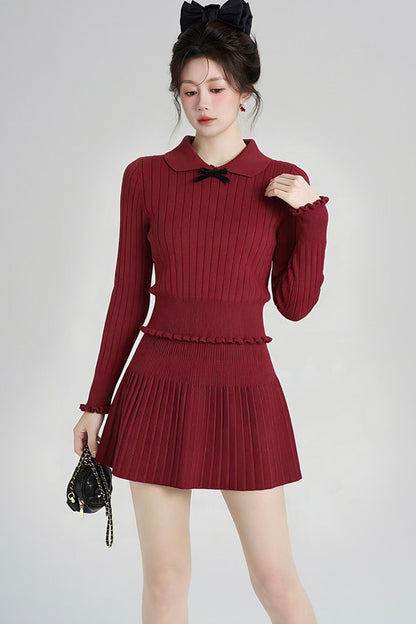 Red Knit Top and Pleated Skirt Set